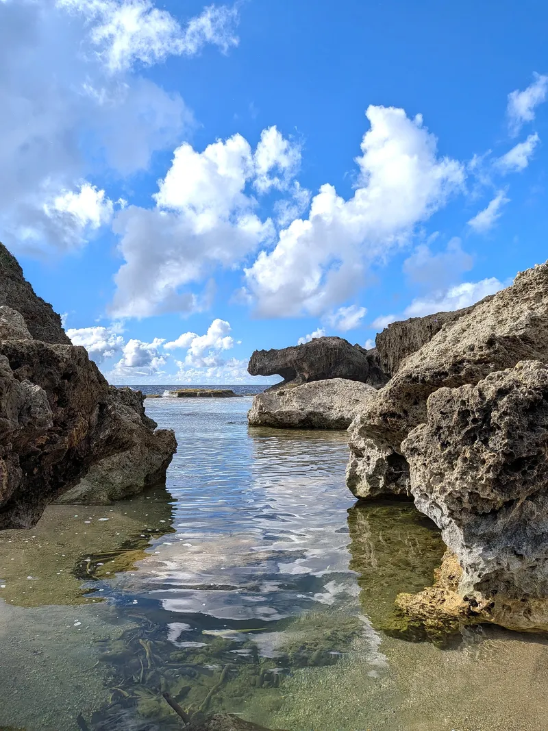 The alligator-shaped limestone formation at Unai Fanhang, Saipan, seen down a calm tidal channel between rock walls