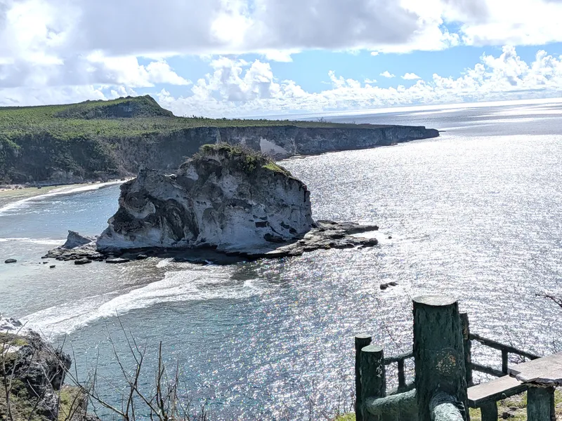 Bird Island (Isleta Maigo' Fahang) seen from the lookout, with the reef shelf and Saipan's northeastern cliffs running away behind it