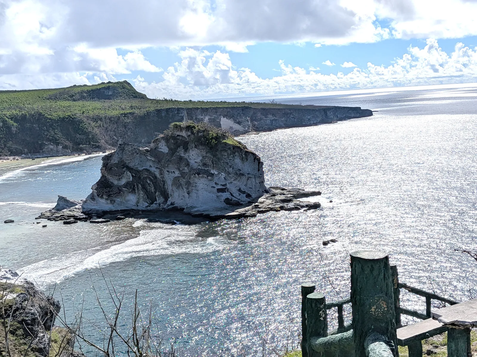 Bird Island (Isleta Maigo' Fahang) seen from the lookout, with the reef shelf and Saipan's northeastern cliffs running away behind it