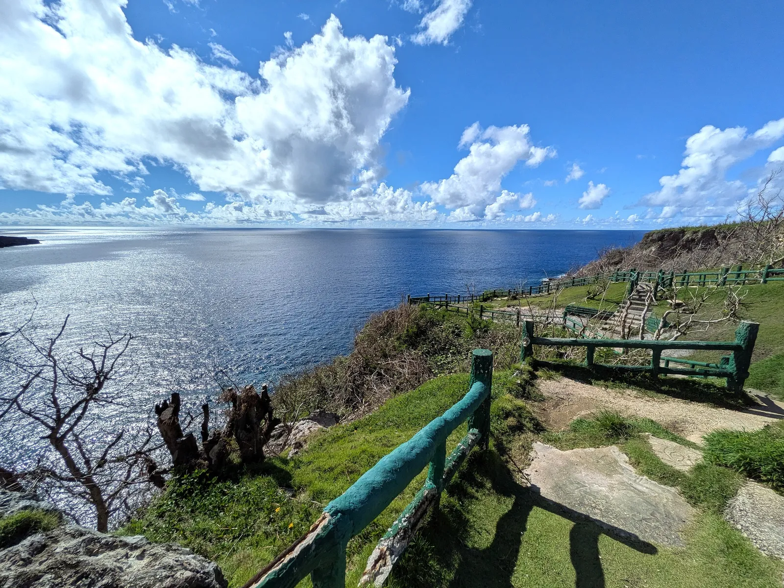 Lower railed viewing terraces at Bird Island Lookout, stepping down the cliff above open ocean