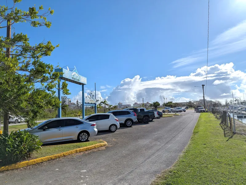 Cars parked along the marina road at Smiling Cove beneath a sportfishing weigh station sign
