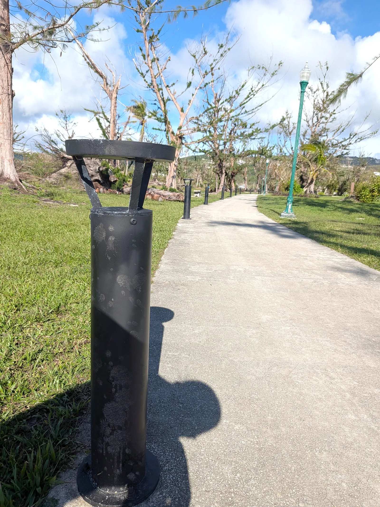 A path light along Micro Beach's paved walkway, with more lampposts and storm-damaged trees down the path