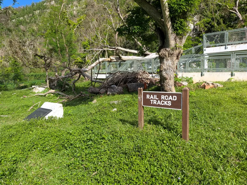 A brown "Rail Road Tracks" interpretive marker on the lawn at Kalabera Cave