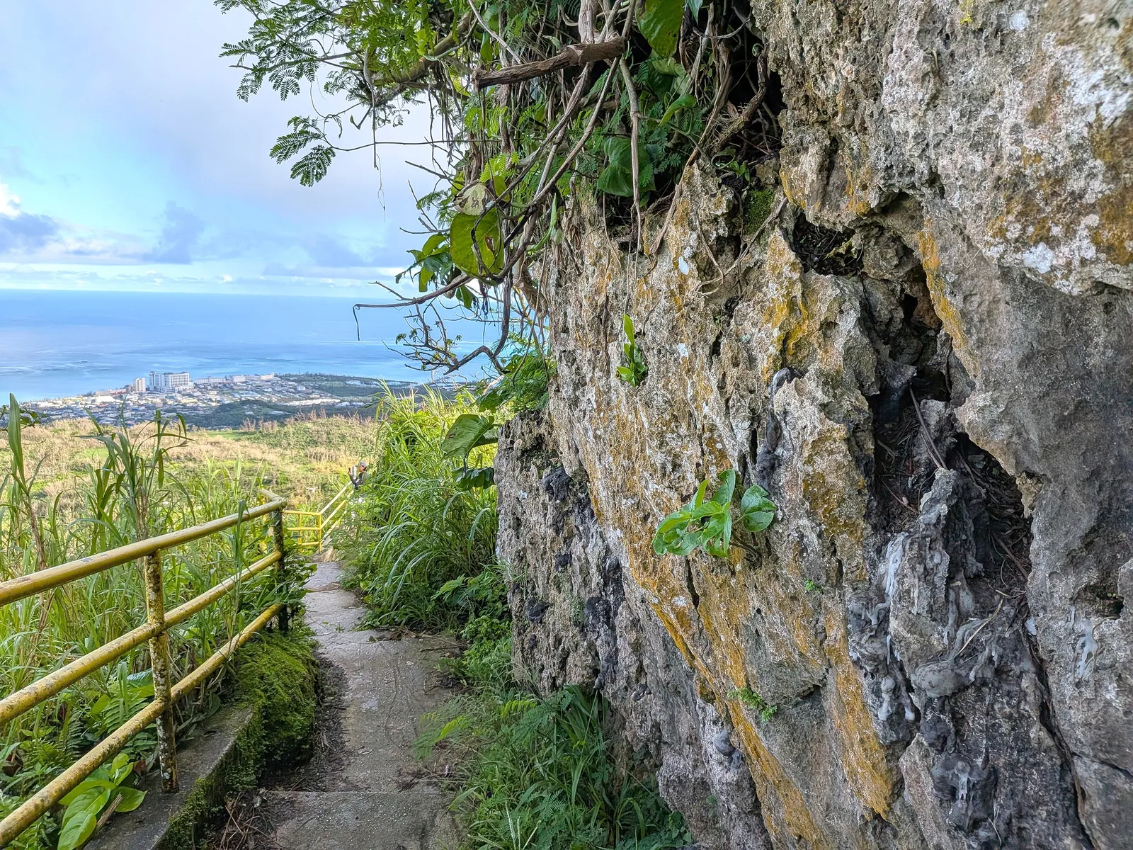 The summit trail cut through exposed limestone rock on Mount Tapochau, with the coast visible beyond