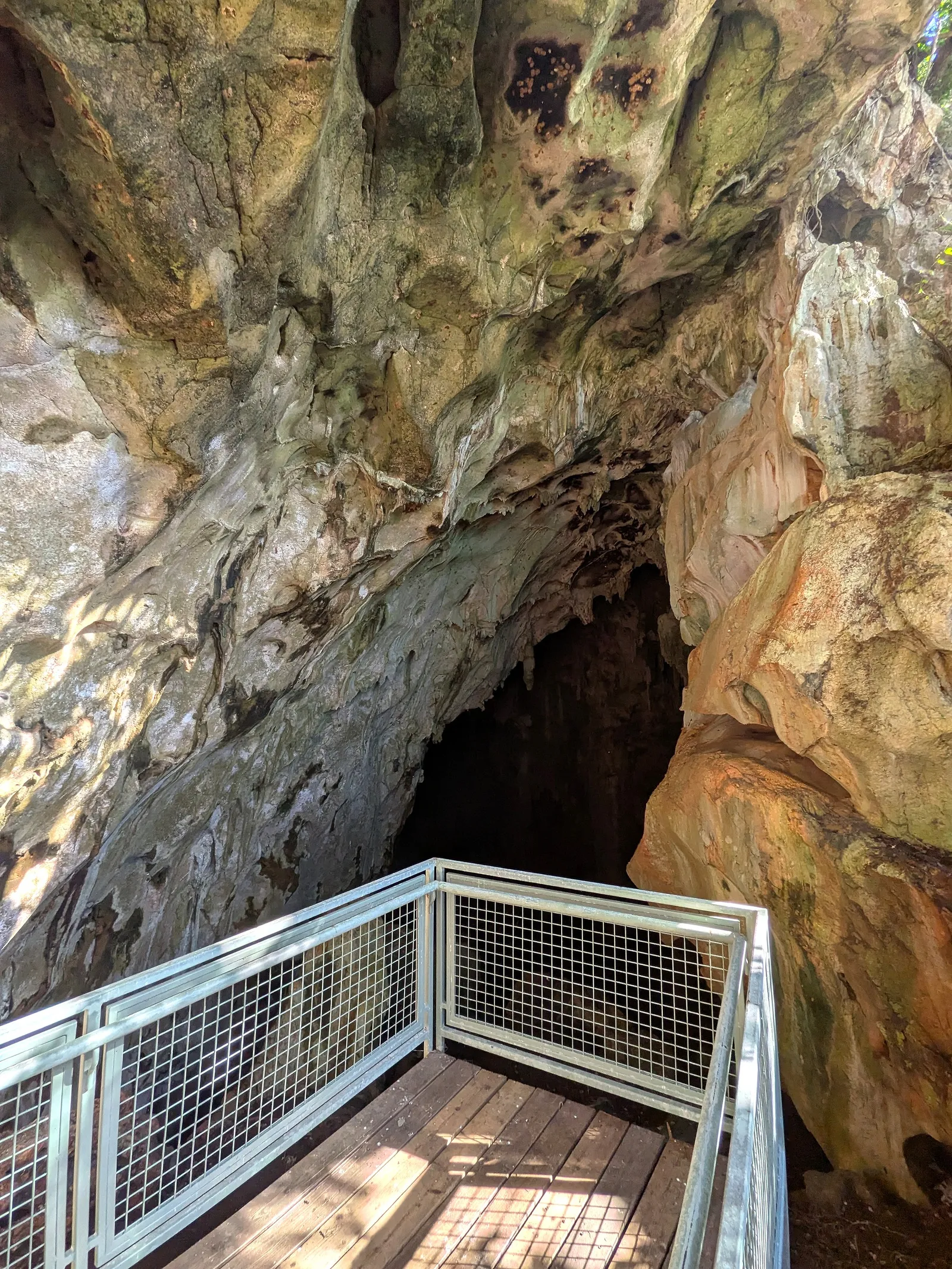 The railed timber viewing platform where the boardwalk ends at the mouth of Kalabera Cave