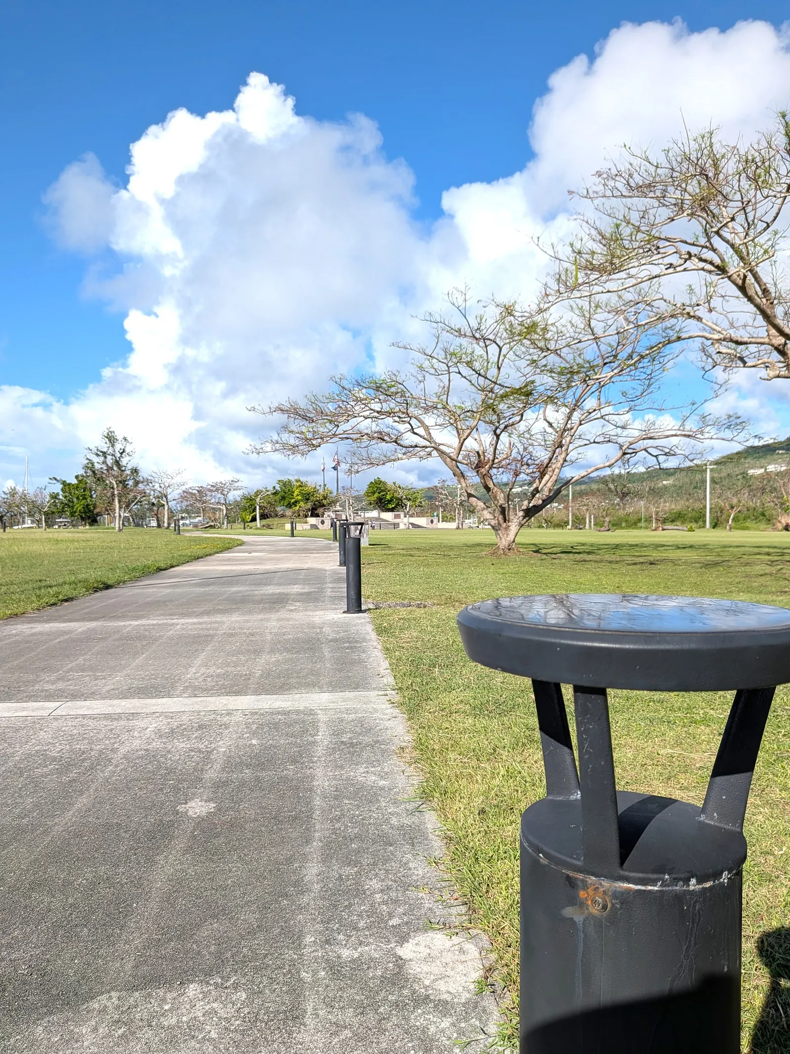 The paved waterfront path at American Memorial Park, lined with bollard lights and benches